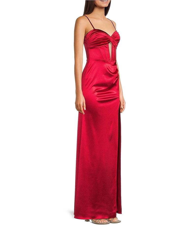 Blondie Nites Satin Pleated Twist Front Illusion Corseted Side Slit Dress