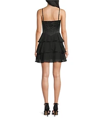 Blondie Nites Satin Strapless Drape Neck Beaded Bust Corseted Chiffon Ruffle Dress
