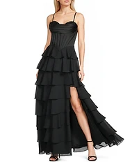 Blondie Nites Satin Sweetheart Neck Corseted Bodice Ruffle Tiered Long Dress