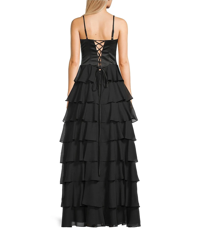 Blondie Nites Satin Sweetheart Neck Corseted Bodice Ruffle Tiered Long Dress