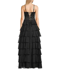 Blondie Nites Satin Sweetheart Neck Corseted Bodice Ruffle Tiered Long Dress