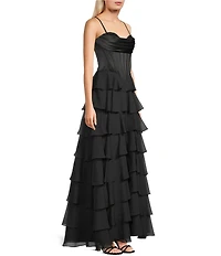 Blondie Nites Satin Sweetheart Neck Corseted Bodice Ruffle Tiered Long Dress