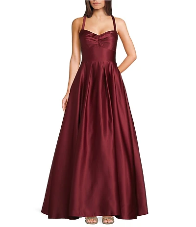 Blondie Nites Satin Sweetheart Pinch Front Lace-Up-Back Long Dress