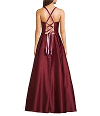 Blondie Nites Satin Sweetheart Pinch Front Lace-Up-Back Long Dress