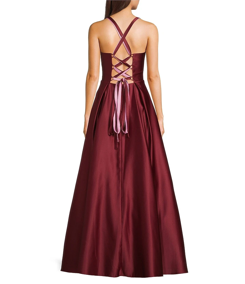 Blondie Nites Satin Sweetheart Pinch Front Lace-Up-Back Long Dress