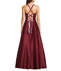 Blondie Nites Satin Sweetheart Pinch Front Lace-Up-Back Long Dress