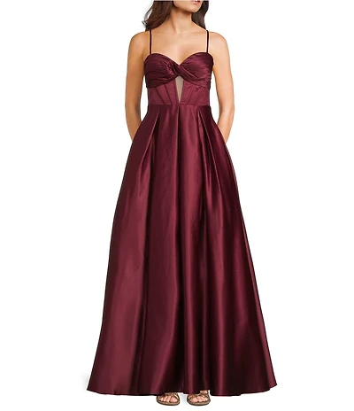 Blondie Nites Satin Twist Front Illusion Corseted Lace Up Back Pleated Long Ballgown