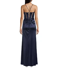 Blondie Nites Satin V-Neck Illusion Corset Dress