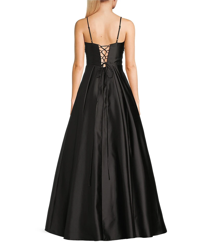 Blondie Nites Satin V-Notch Front Spaghetti Strap Tie Back Gown