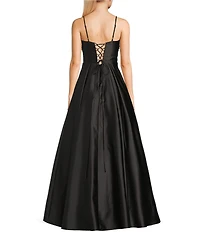 Blondie Nites Satin V-Notch Front Spaghetti Strap Tie Back Gown