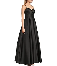 Blondie Nites Satin V-Notch Front Spaghetti Strap Tie Back Gown