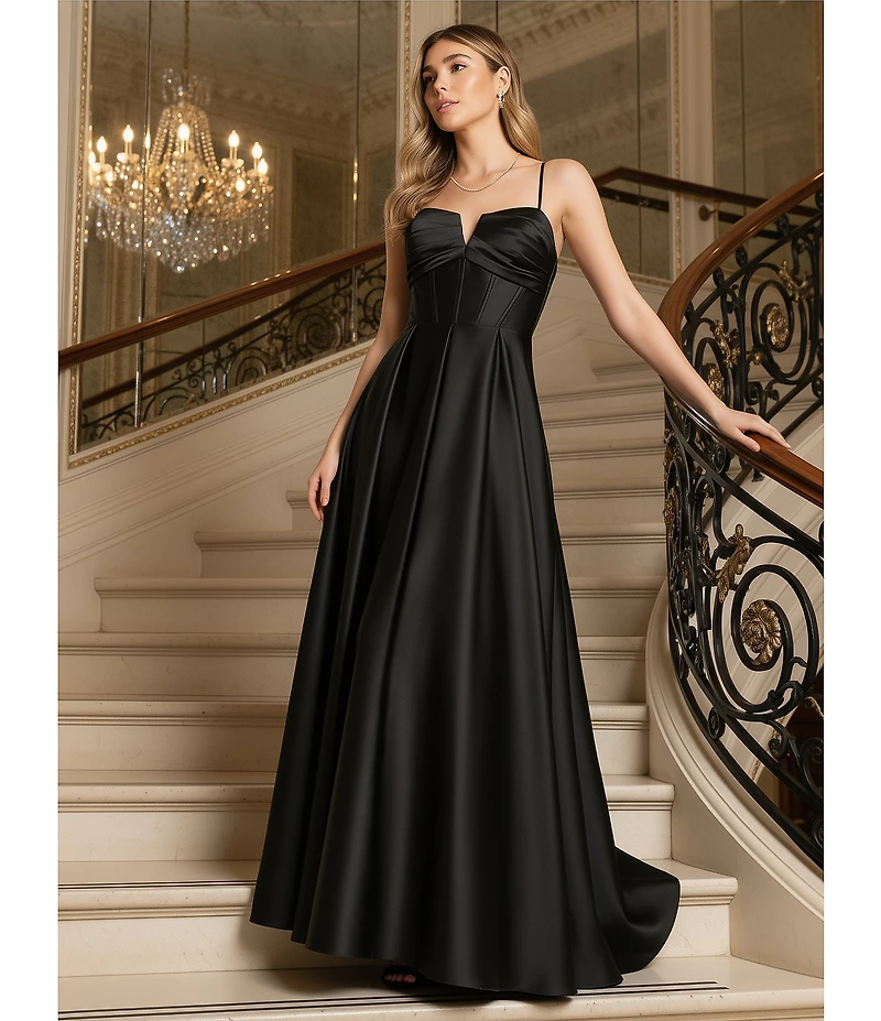 Blondie Nites Satin V-Notch Front Spaghetti Strap Tie Back Gown