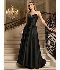 Blondie Nites Satin V-Notch Front Spaghetti Strap Tie Back Gown