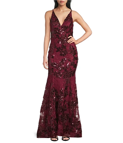 Blondie Nites Sequin Embellished Lace V-Neck Open Lace Up Tie Back Dress