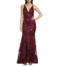 Blondie Nites Sequin Embellished Lace V-Neck Open Lace Up Tie Back Dress