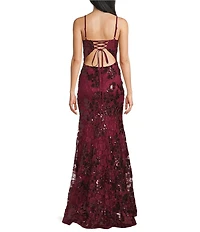 Blondie Nites Sequin Embellished Lace V-Neck Open Lace Up Tie Back Dress
