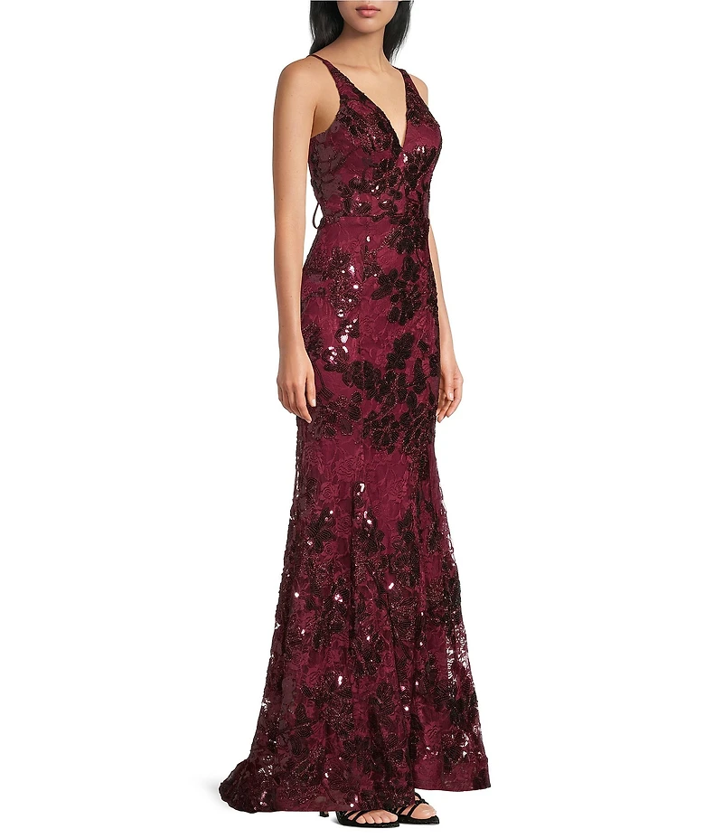 Blondie Nites Sequin Embellished Lace V-Neck Open Lace Up Tie Back Dress