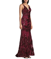 Blondie Nites Sequin Embellished Lace V-Neck Open Lace Up Tie Back Dress