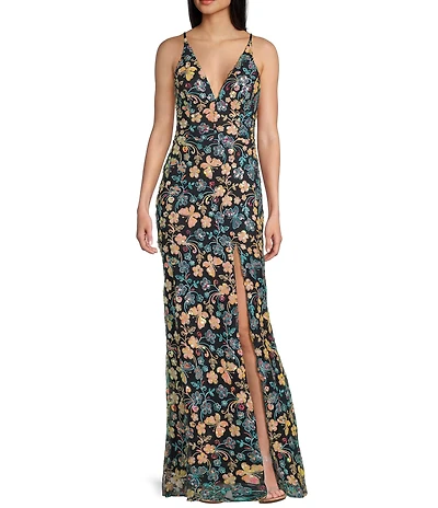 Blondie Nites Sequin Floral Butterfly Patterned Spaghetti Strap V-Neck Tie Back Gown