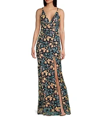 Blondie Nites Sequin Floral Butterfly Patterned Spaghetti Strap V-Neck Tie Back Gown