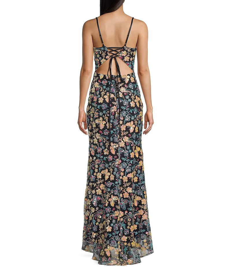 Blondie Nites Sequin Floral Butterfly Patterned Spaghetti Strap V-Neck Tie Back Gown