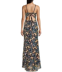 Blondie Nites Sequin Floral Butterfly Patterned Spaghetti Strap V-Neck Tie Back Gown
