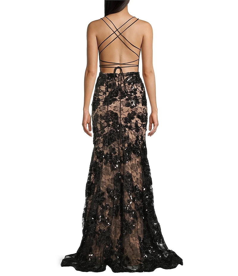 Blondie Nites Sequin Floral Lace Corset Trumpet Dress