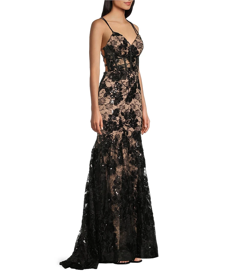 Blondie Nites Sequin Floral Lace Corset Trumpet Dress