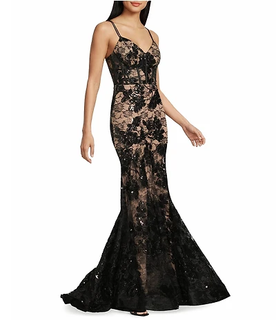 Blondie Nites Sequin Floral Lace Corset Trumpet Dress