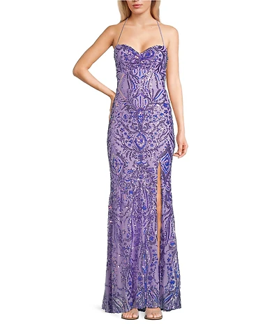 Blondie Nites Sequin Pattern Pinch Front Spaghetti Strap Tie Back Gown