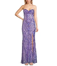 Blondie Nites Sequin Pattern Pinch Front Spaghetti Strap Tie Back Gown