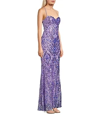 Blondie Nites Sequin Pattern Pinch Front Spaghetti Strap Tie Back Gown