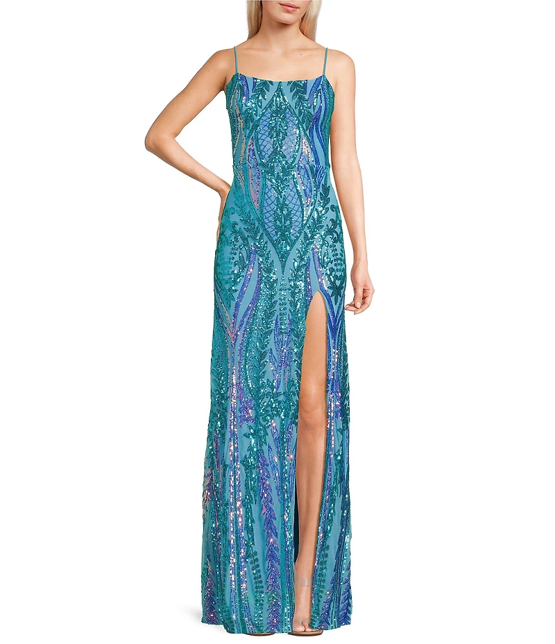 Blondie Nites Sequin Pattern Scoop Neck Spaghetti Strap Front Slit Tie Back Gown