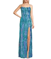 Blondie Nites Sequin Pattern Scoop Neck Spaghetti Strap Front Slit Tie Back Gown