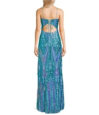 Blondie Nites Sequin Pattern Scoop Neck Spaghetti Strap Front Slit Tie Back Gown