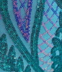 Blondie Nites Sequin Pattern Scoop Neck Spaghetti Strap Front Slit Tie Back Gown