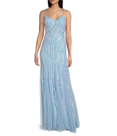 Blondie Nites Sequin Pattern Sweetheart Neck Spaghetti Strap Corset Tie Back Mesh Godet Gown