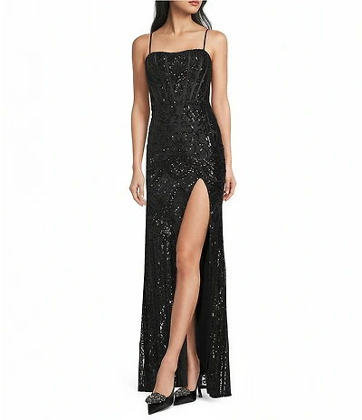 Blondie Nites Sequin Patterned Corseted Side Slit Dress