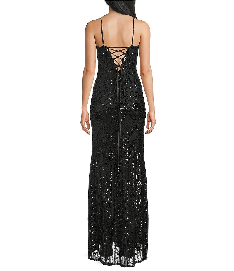 Blondie Nites Sequin Patterned Corseted Side Slit Dress