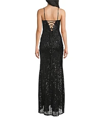 Blondie Nites Sequin Patterned Corseted Side Slit Dress