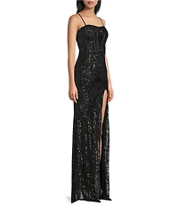 Blondie Nites Sequin Patterned Corseted Side Slit Dress