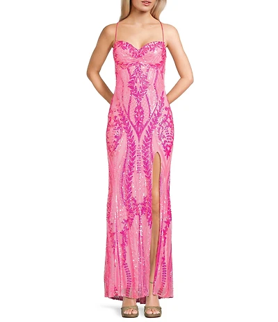 Blondie Nites Sequin Patterned Pinch Front Lace Up Back Side Slit Dress