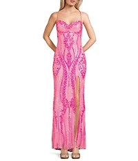Blondie Nites Sequin Patterned Pinch Front Lace Up Back Side Slit Dress