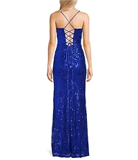 Blondie Nites Sequin Patterned Pinch Front Lace Up Tie Back Side Slit Long Dress