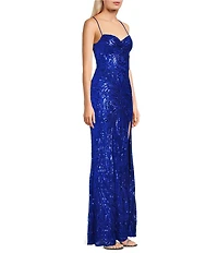 Blondie Nites Sequin Patterned Pinch Front Lace Up Tie Back Side Slit Long Dress