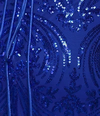 Blondie Nites Sequin Patterned Pinch Front Lace Up Tie Back Side Slit Long Dress