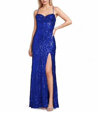 Blondie Nites Sequin Patterned Pinch Front Lace Up Tie Back Side Slit Long Dress