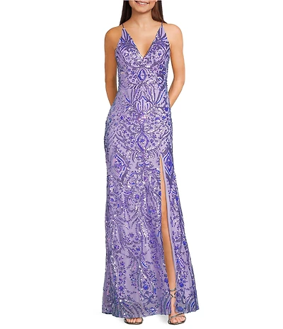 Blondie Nites Sequin Patterned V-Neck Side Slit Dress