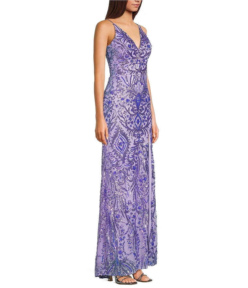Blondie Nites Sequin Patterned V-Neck Side Slit Dress