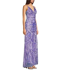 Blondie Nites Sequin Patterned V-Neck Side Slit Dress